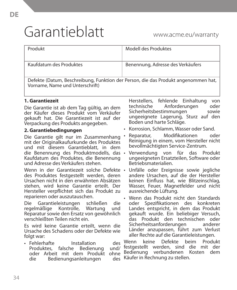 Garantieblatt | Acme MW09 User Manual | Page 34 / 42