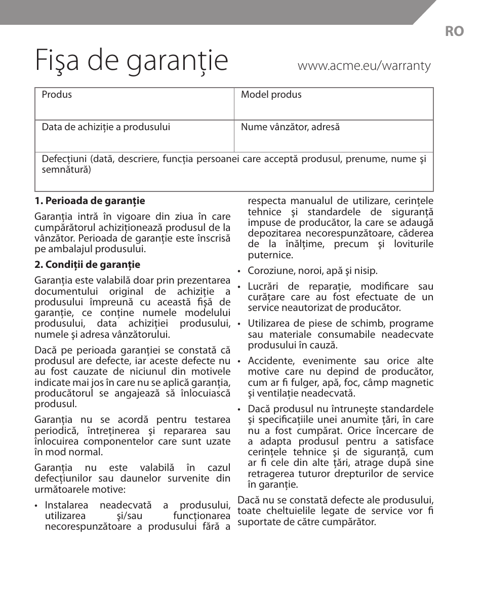 Fişa de garanţie | Acme MW09 User Manual | Page 35 / 42