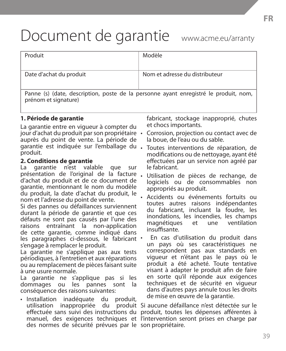 Document de garantie | Acme MW09 User Manual | Page 39 / 42