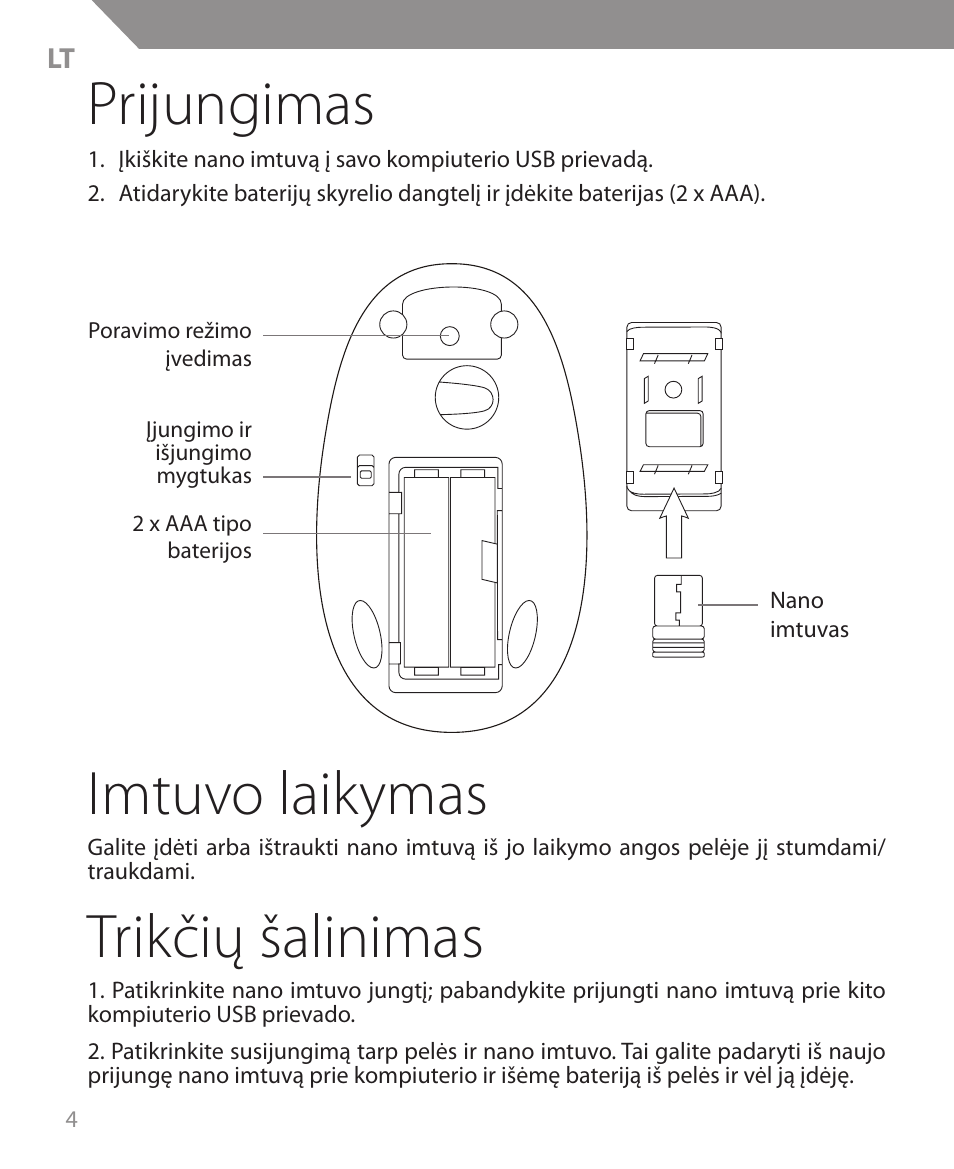 Prijungimas, Imtuvo laikymas, Trikčių šalinimas | Acme MW09 User Manual | Page 4 / 42