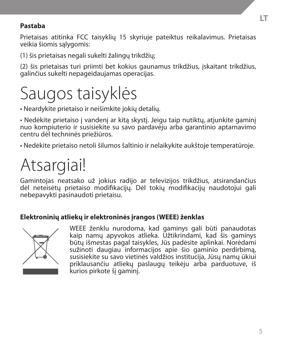 Saugos taisyklės, Atsargiai | Acme MW09 User Manual | Page 5 / 42