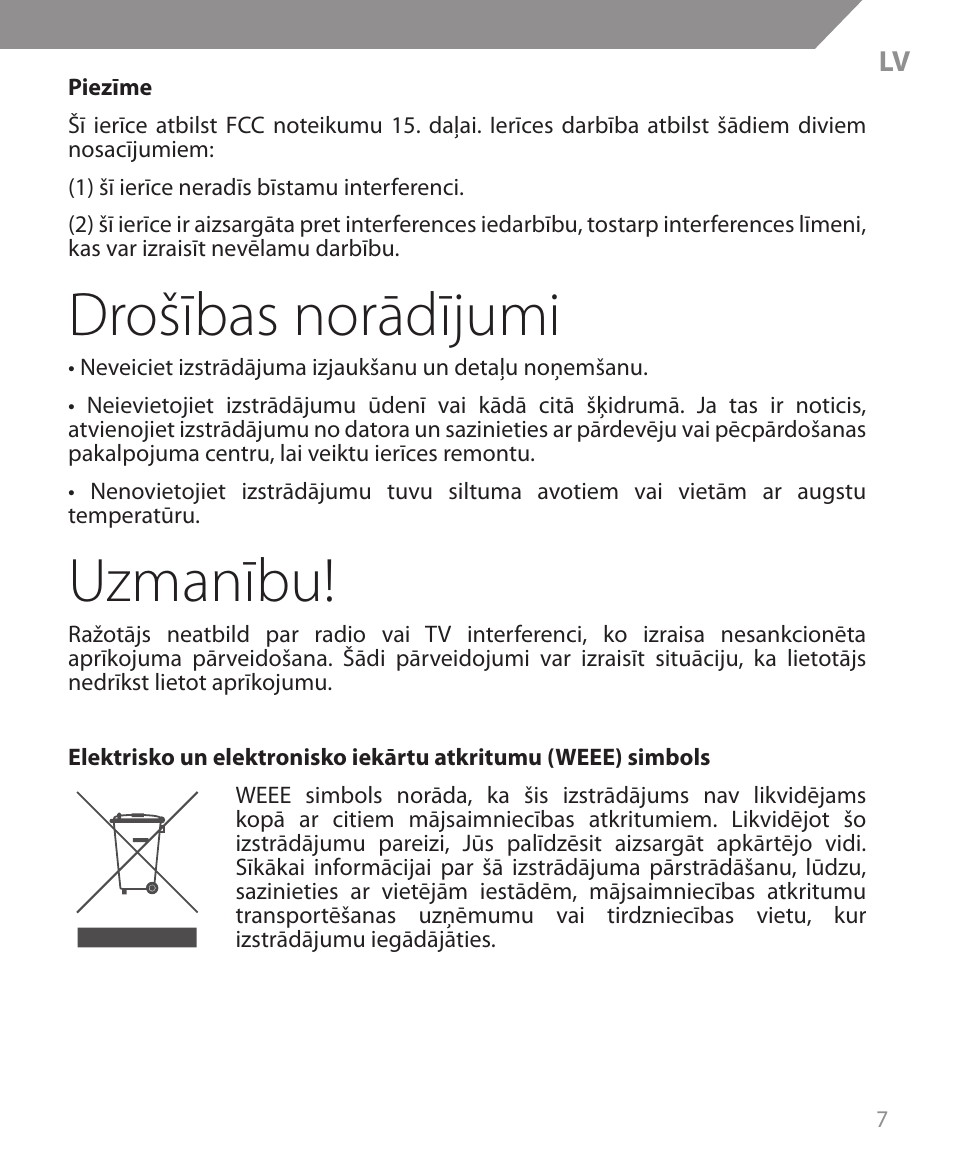 Drošības norādījumi, Uzmanību | Acme MW09 User Manual | Page 7 / 42
