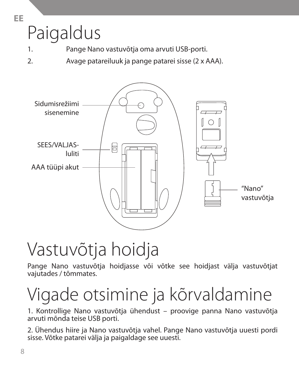 Paigaldus, Vastuvõtja hoidja, Vigade otsimine ja kõrvaldamine | Acme MW09 User Manual | Page 8 / 42