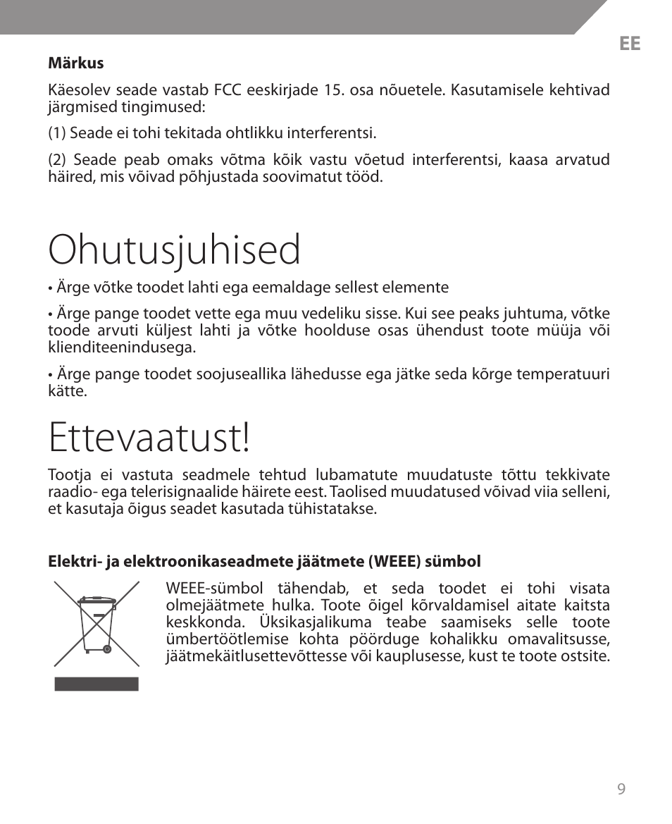 Ohutusjuhised, Ettevaatust | Acme MW09 User Manual | Page 9 / 42