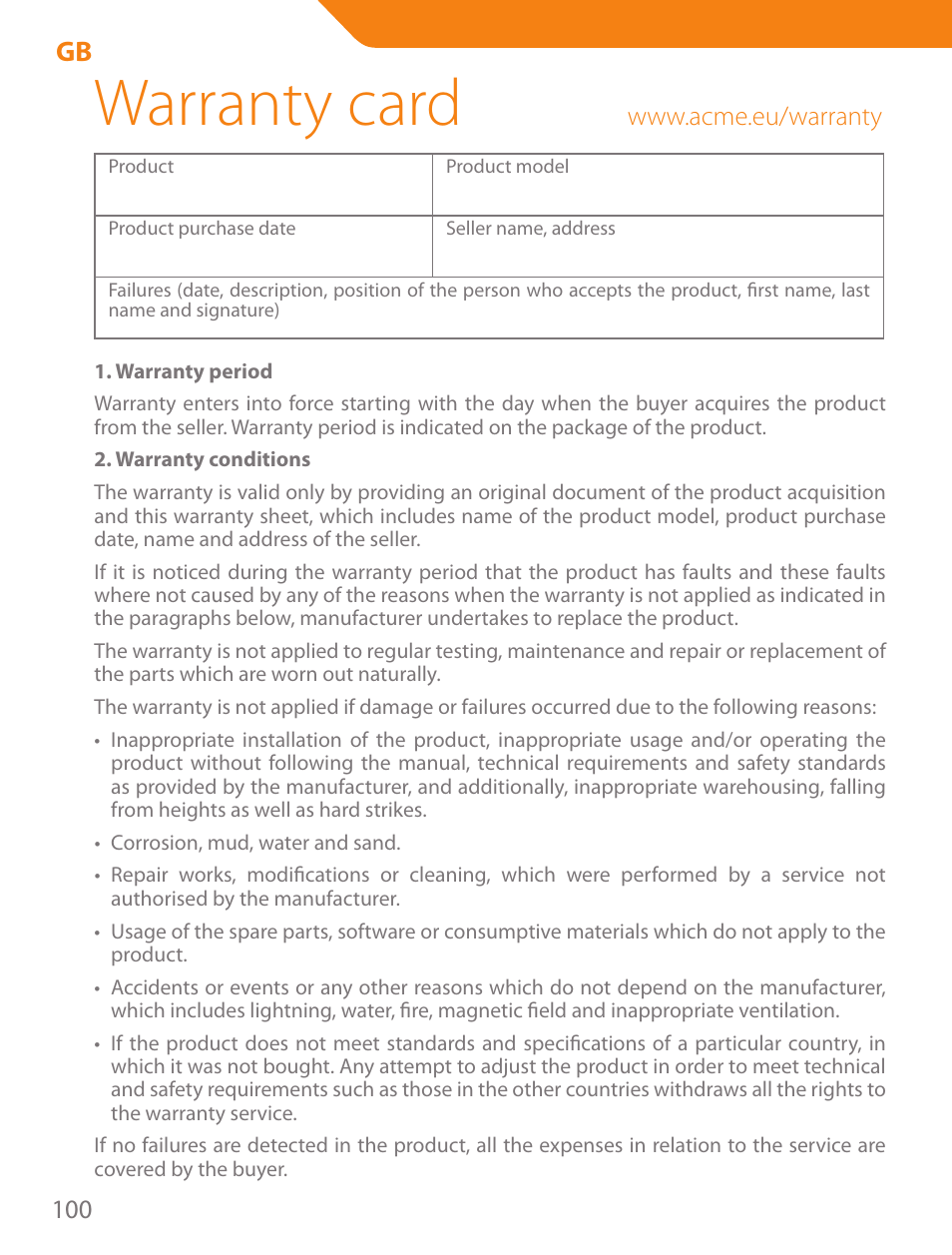 Warranty card | Acme PLB102B User Manual | Page 100 / 114