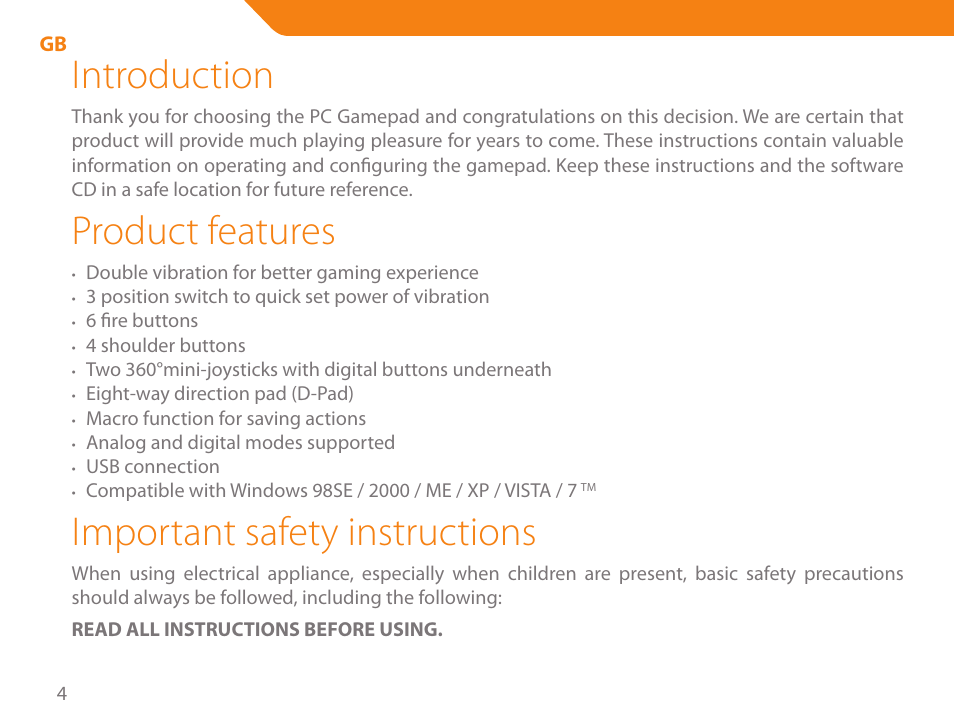 Introduction, Product features, Important safety instructions | Acme GA03 User Manual | Page 4 / 80