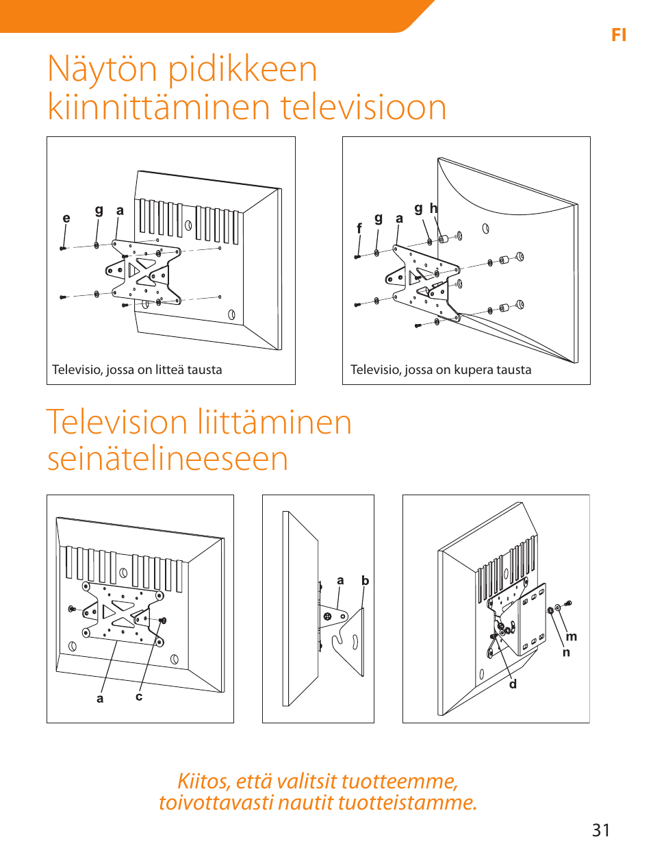 Näytön pidikkeen kiinnittäminen televisioon, Television liittäminen seinätelineeseen | Acme LCD109 User Manual | Page 31 / 66