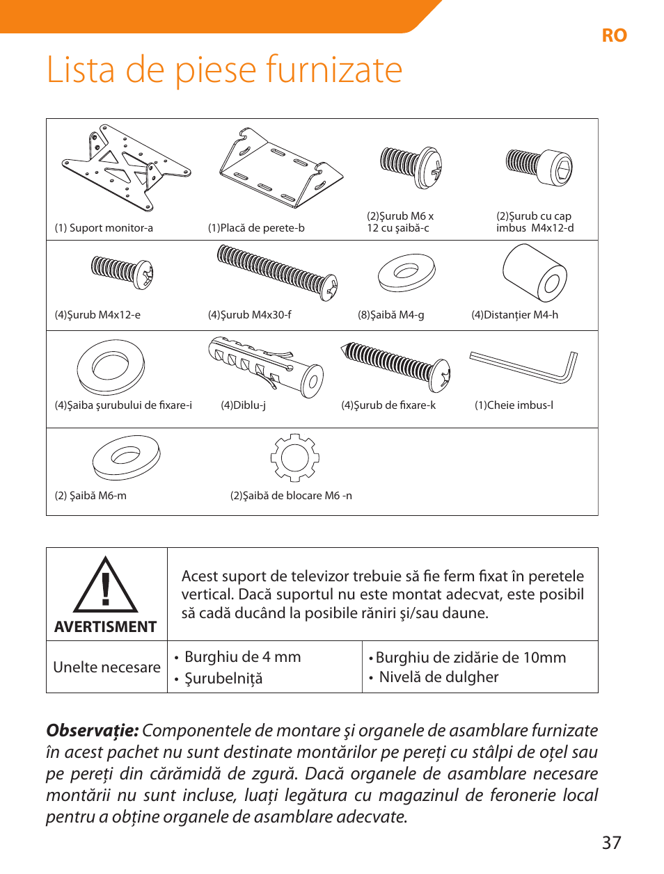 Lista de piese furnizate, 37 ro | Acme LCD109 User Manual | Page 37 / 66