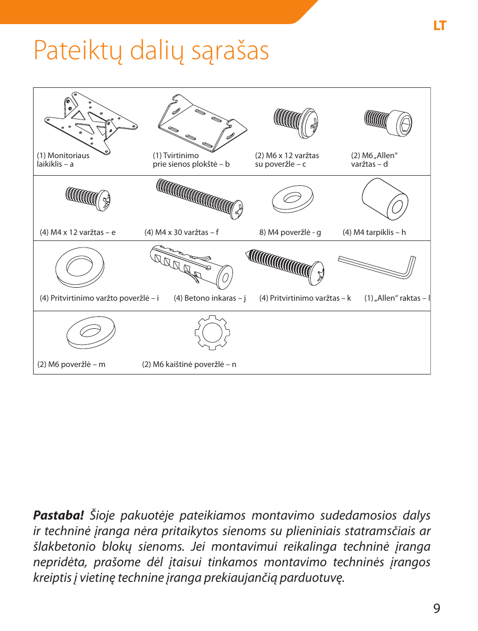 Pateiktų dalių sąrašas | Acme LCD109 User Manual | Page 9 / 66