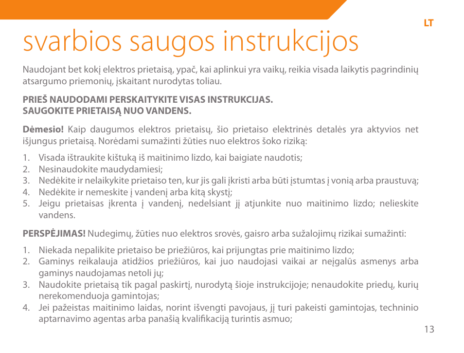 Svarbios saugos instrukcijos | Acme HD-210I User Manual | Page 13 / 90