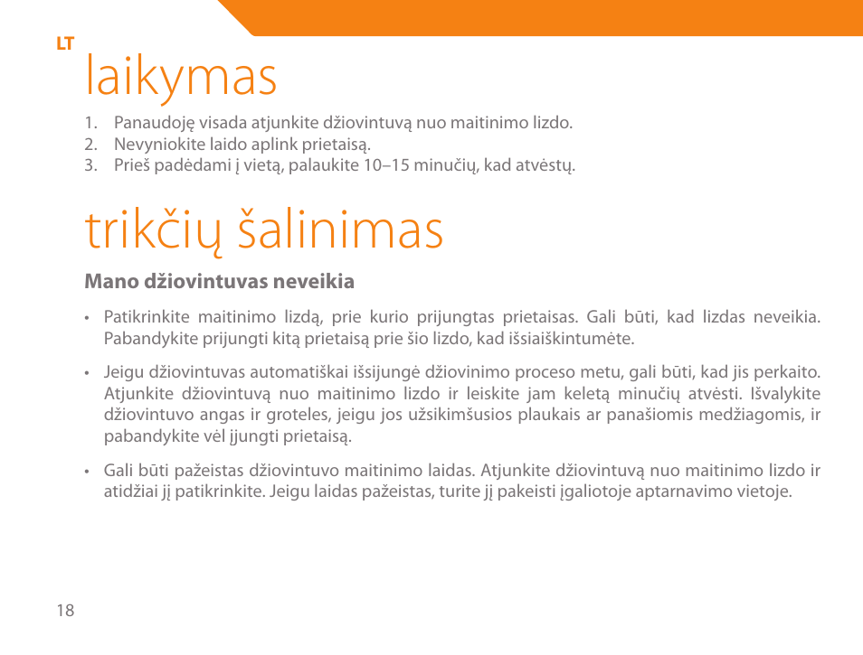 Laikymas, Trikčių šalinimas | Acme HD-210I User Manual | Page 18 / 90
