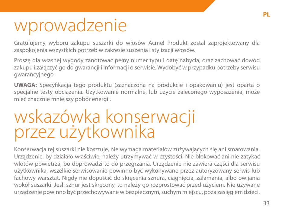 Wprowadzenie, Wskazówka konserwacji przez użytkownika | Acme HD-210I User Manual | Page 33 / 90
