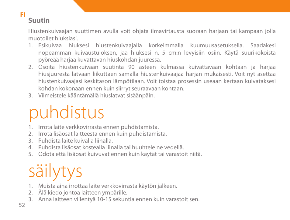 Puhdistus, Säilytys | Acme HD-210I User Manual | Page 52 / 90