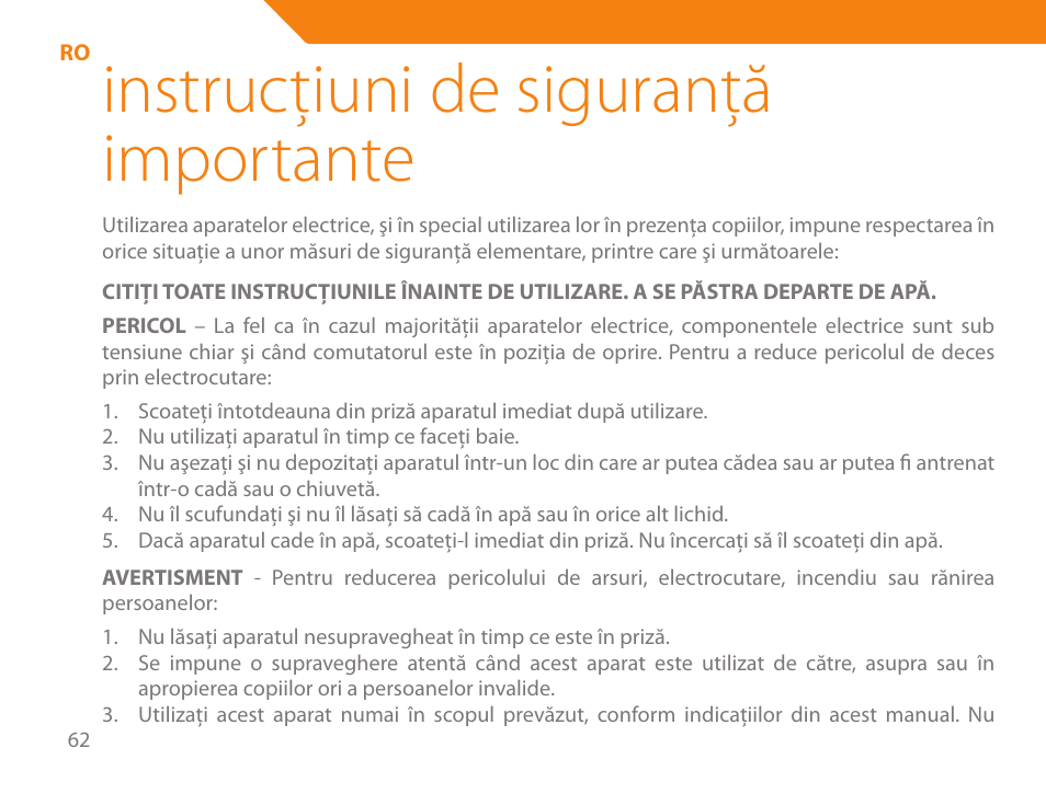 Instrucţiuni de siguranţă importante | Acme HD-210I User Manual | Page 62 / 90