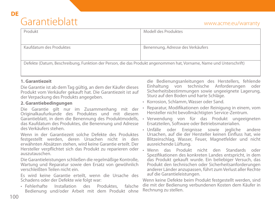 Garantieblatt | Acme HD-310I User Manual | Page 100 / 108
