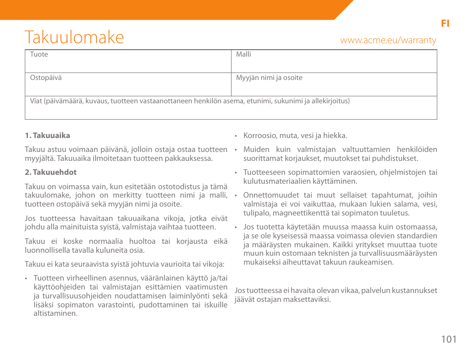 Takuulomake | Acme HD-310I User Manual | Page 101 / 108