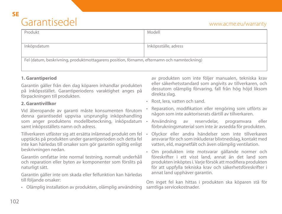 Garantisedel | Acme HD-310I User Manual | Page 102 / 108