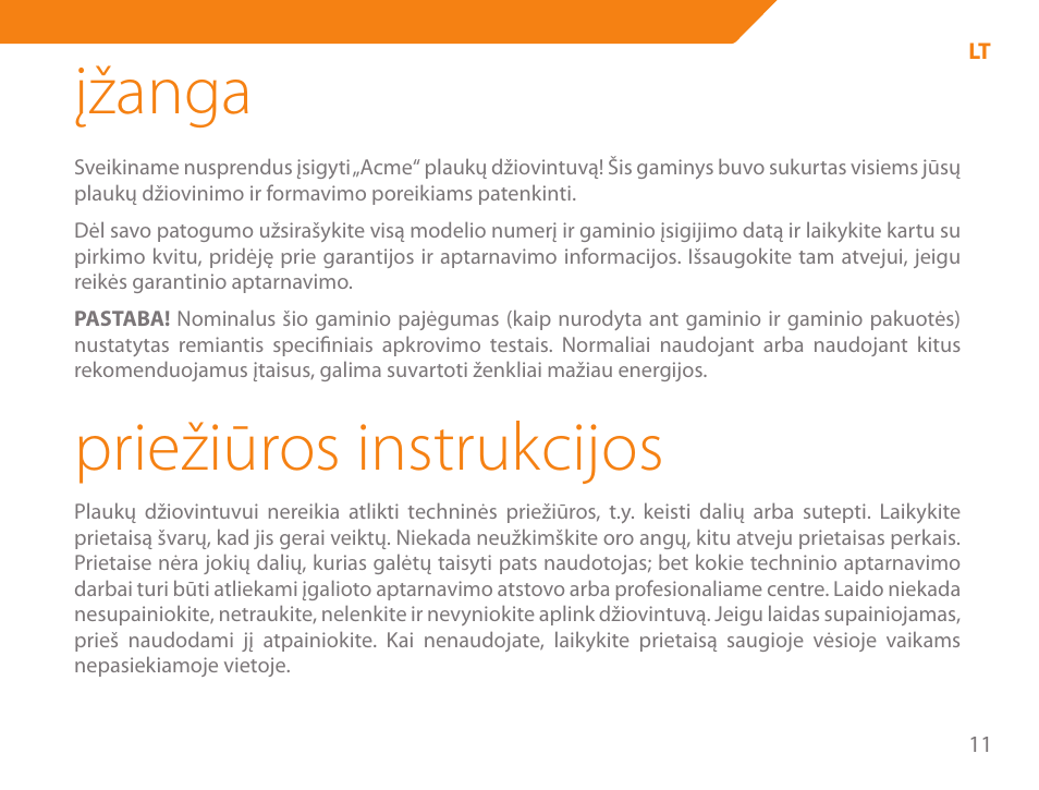 Įžanga, Priežiūros instrukcijos | Acme HD-310I User Manual | Page 11 / 108
