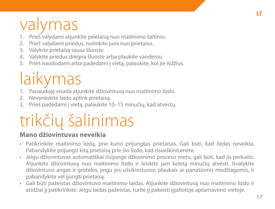 Valymas, Laikymas, Trikčių šalinimas | Acme HD-310I User Manual | Page 17 / 108