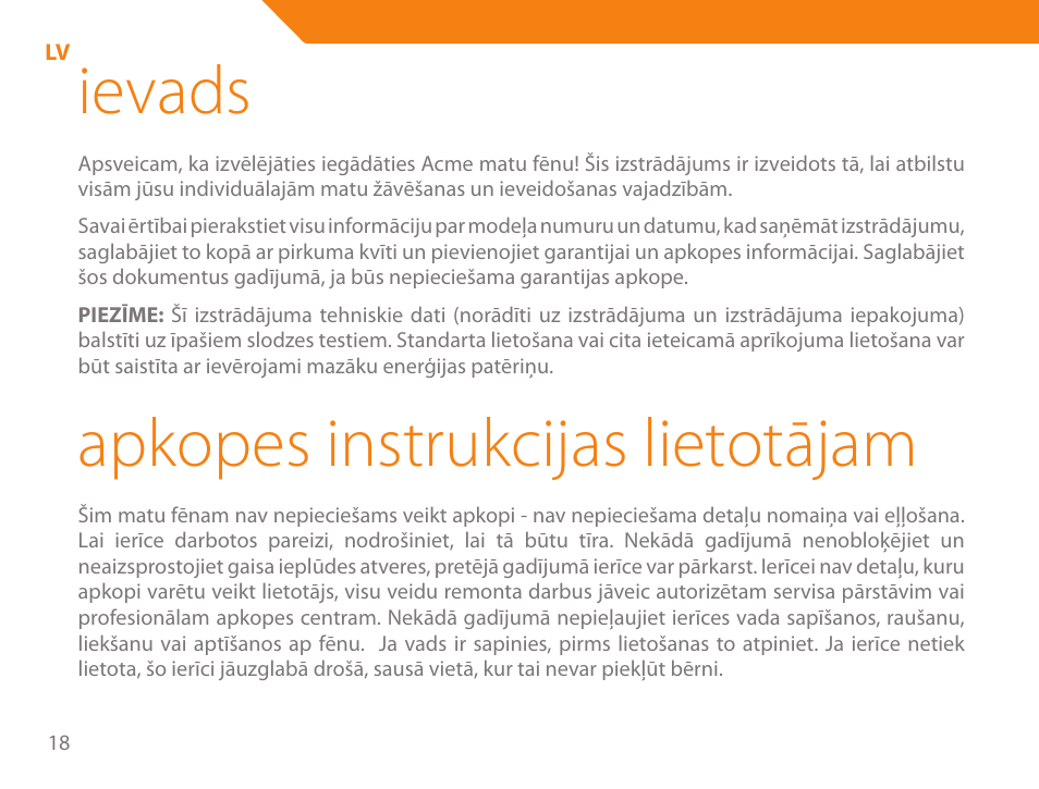 Ievads, Apkopes instrukcijas lietotājam | Acme HD-310I User Manual | Page 18 / 108