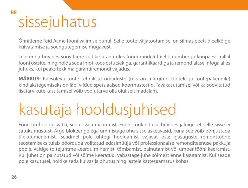 Sissejuhatus, Kasutaja hooldusjuhised | Acme HD-310I User Manual | Page 26 / 108