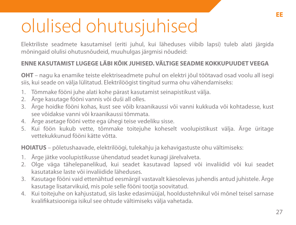 Olulised ohutusjuhised | Acme HD-310I User Manual | Page 27 / 108