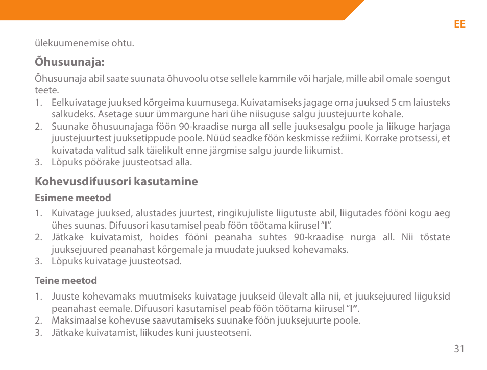 Õhusuunaja, Kohevusdifuusori kasutamine | Acme HD-310I User Manual | Page 31 / 108