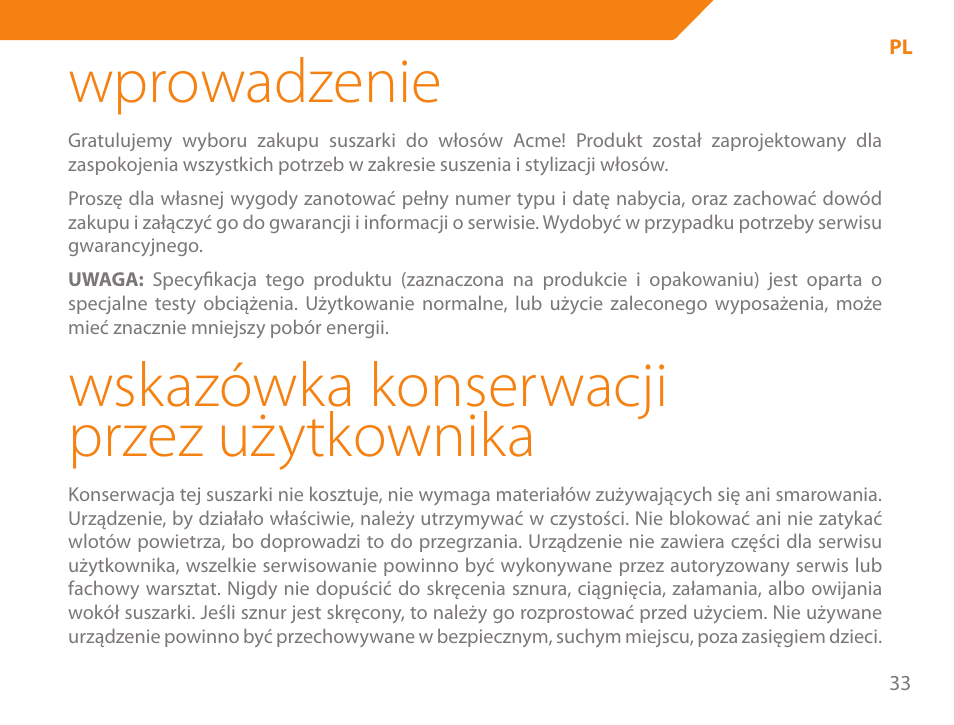 Wprowadzenie, Wskazówka konserwacji przez użytkownika | Acme HD-310I User Manual | Page 33 / 108