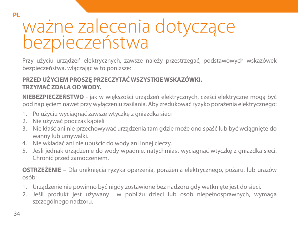 Ważne zalecenia dotyczące bezpieczeństwa | Acme HD-310I User Manual | Page 34 / 108