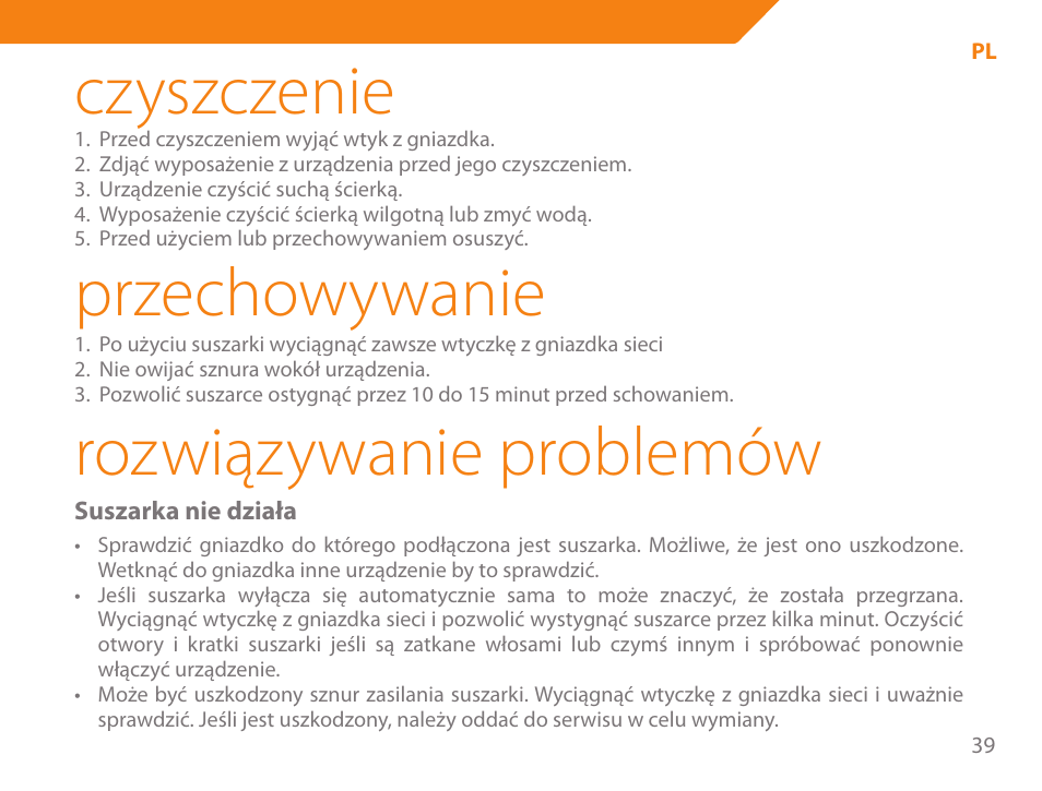 Czyszczenie, Przechowywanie, Rozwiązywanie problemów | Acme HD-310I User Manual | Page 39 / 108