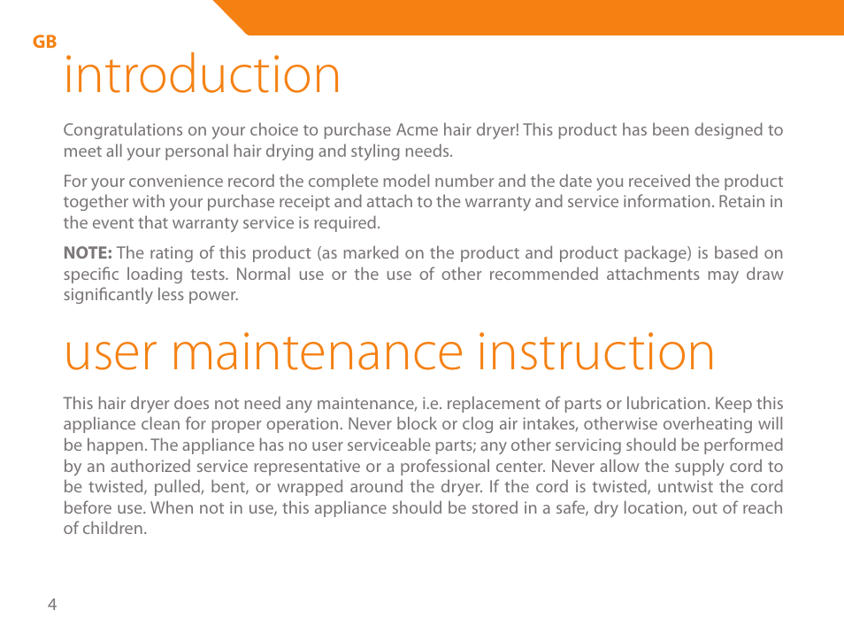 Introduction, User maintenance instruction | Acme HD-310I User Manual | Page 4 / 108