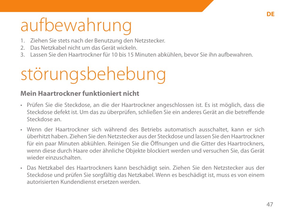Aufbewahrung, Störungsbehebung | Acme HD-310I User Manual | Page 47 / 108