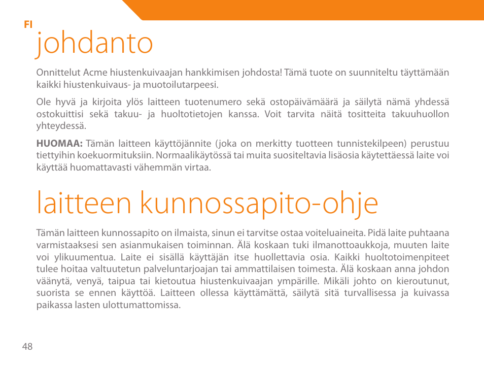 Johdanto, Laitteen kunnossapito-ohje | Acme HD-310I User Manual | Page 48 / 108