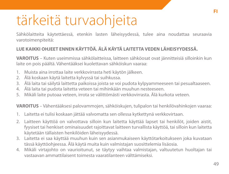 Tärkeitä turvaohjeita | Acme HD-310I User Manual | Page 49 / 108