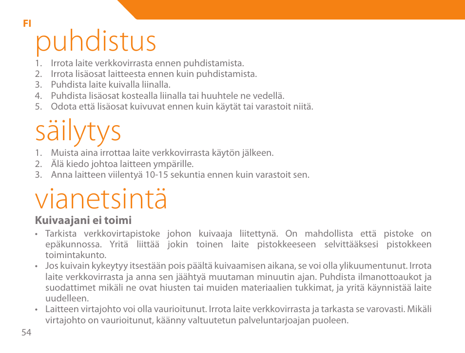 Puhdistus, Säilytys, Vianetsintä | Acme HD-310I User Manual | Page 54 / 108