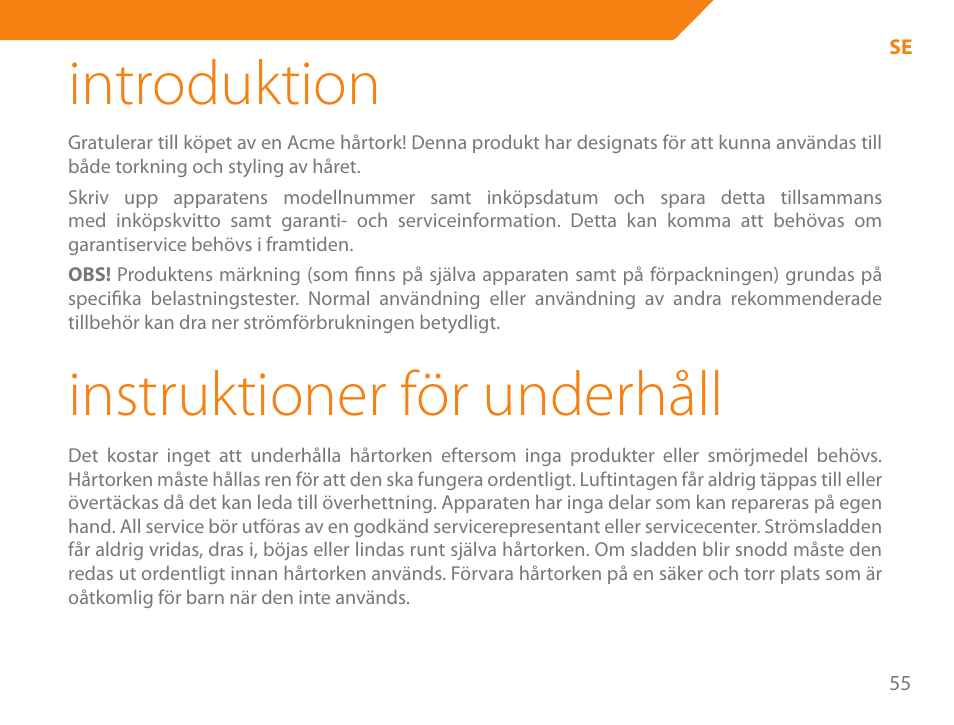 Introduktion, Instruktioner för underhåll | Acme HD-310I User Manual | Page 55 / 108