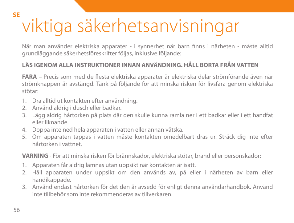 Viktiga säkerhetsanvisningar | Acme HD-310I User Manual | Page 56 / 108