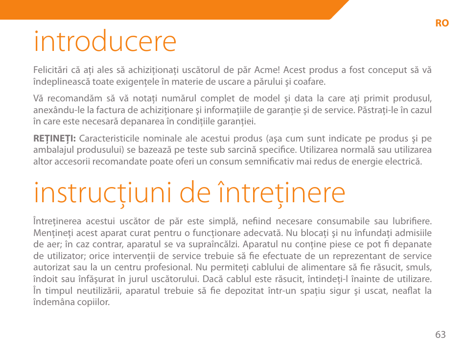Introducere, Instrucţiuni de întreţinere | Acme HD-310I User Manual | Page 63 / 108