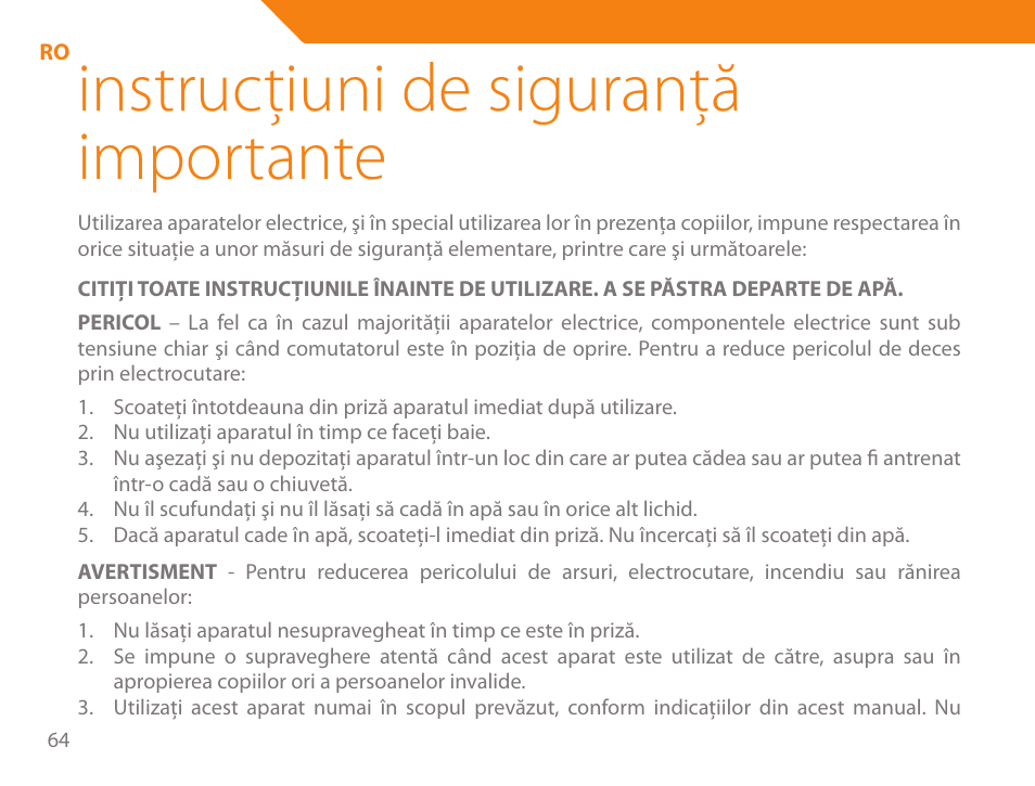 Instrucţiuni de siguranţă importante | Acme HD-310I User Manual | Page 64 / 108