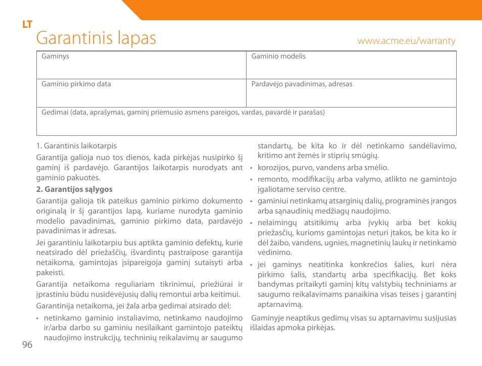 Garantinis lapas | Acme HD-310I User Manual | Page 96 / 108