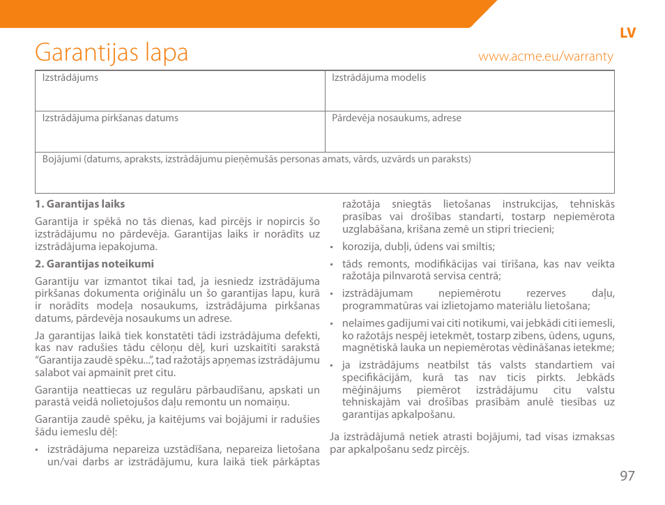 Garantijas lapa | Acme HD-310I User Manual | Page 97 / 108