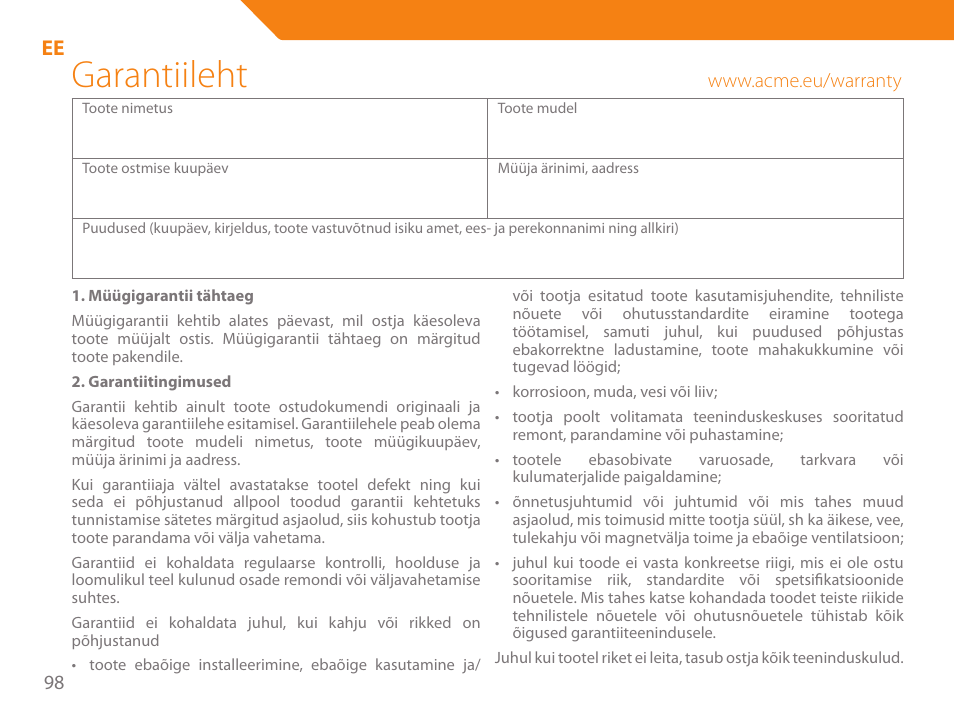 Garantiileht | Acme HD-310I User Manual | Page 98 / 108