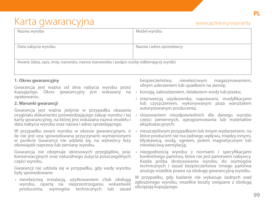 Karta gwarancyjna | Acme HD-310I User Manual | Page 99 / 108