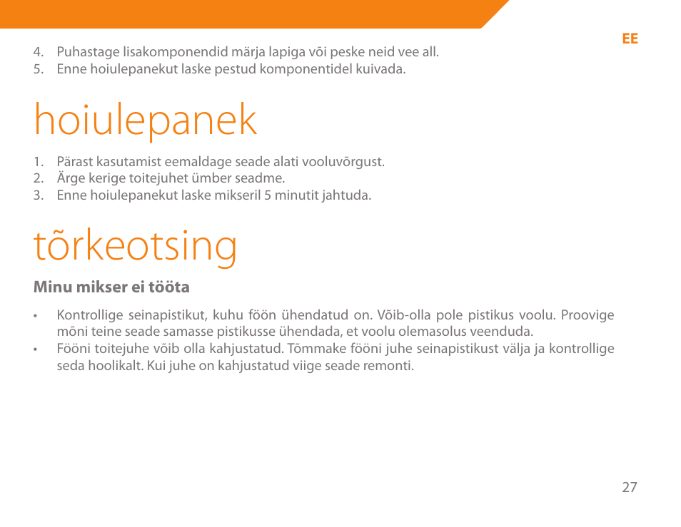 Hoiulepanek, Tõrkeotsing | Acme BE-100 User Manual | Page 27 / 88