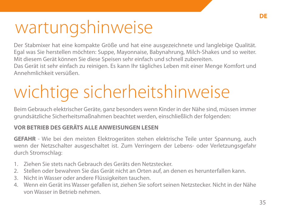 Wartungshinweise, Wichtige sicherheitshinweise | Acme BE-100 User Manual | Page 35 / 88