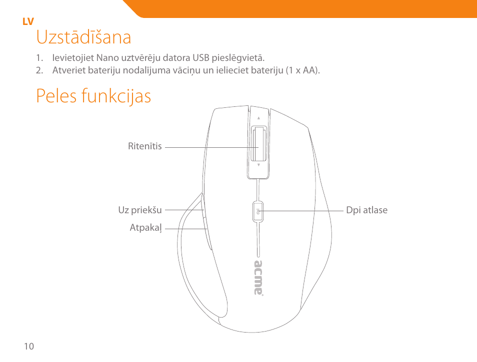 Uzstādīšana, Peles funkcijas | Acme MW07 User Manual | Page 10 / 58