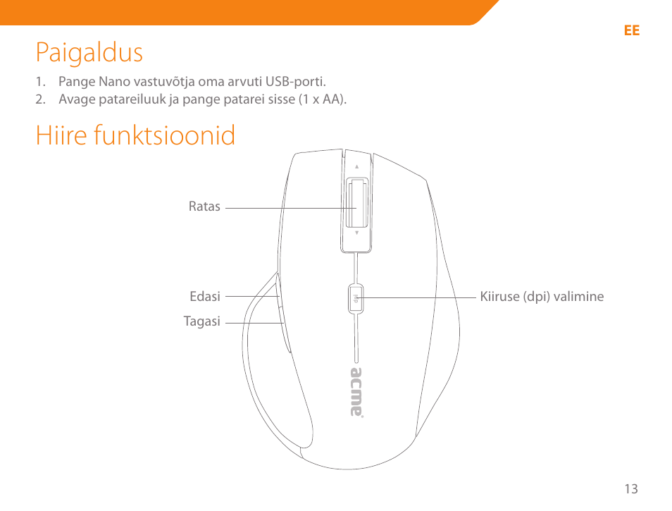 Paigaldus, Hiire funktsioonid | Acme MW07 User Manual | Page 13 / 58