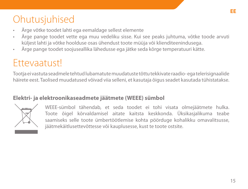 Ohutusjuhised, Ettevaatust | Acme MW07 User Manual | Page 15 / 58