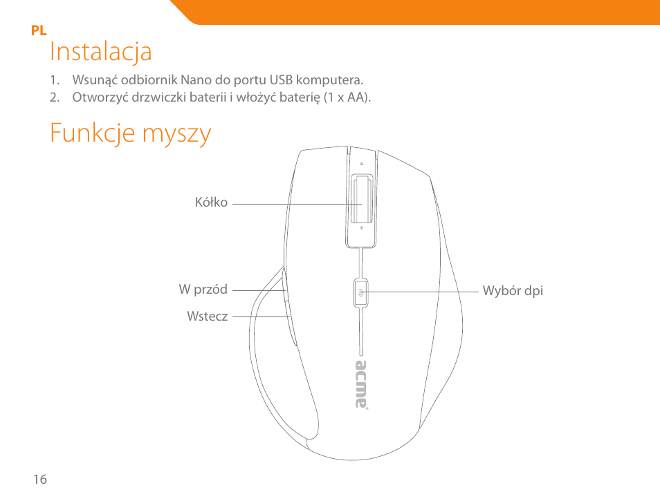 Instalacja, Funkcje myszy | Acme MW07 User Manual | Page 16 / 58