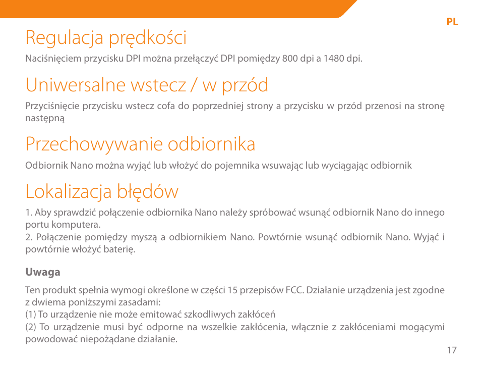 Regulacja prędkości, Uniwersalne wstecz / w przód, Przechowywanie odbiornika | Lokalizacja błędów | Acme MW07 User Manual | Page 17 / 58